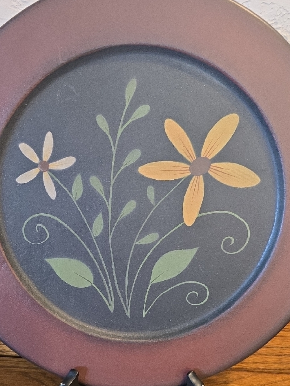 Wooden Folk Art Decorative Floral Accent Plate in Black and Brown - Picture 2 of 7